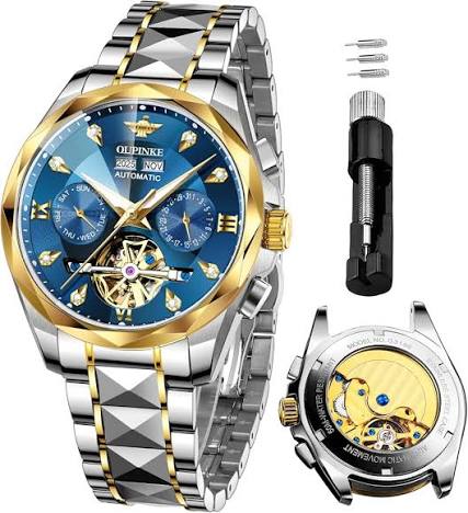 OUPINKE Men's Automatic Skeleton Watch - Blue/Gold